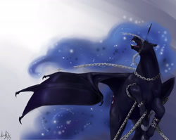 Size: 2980x2376 | Tagged: safe, artist:miidniightsuun, imported from derpibooru, nightmare moon, bat pony, pony, bat ponified, chains, crepuscular rays, female, race swap, realistic, rearing, solo, spread wings