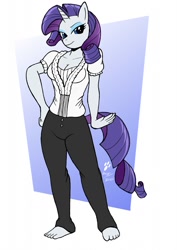 Size: 905x1280 | Tagged: safe, artist:duragan, imported from derpibooru, rarity, anthro, plantigrade anthro, comic:rogue diamond, barefoot, cleavage, clothes, commission, feet, female, solo