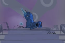 Size: 1303x863 | Tagged: safe, artist:plotcore, imported from derpibooru, princess luna, gamer luna, chest fluff, computer, controller, court, female, magic, messy mane, night court, prone, solo, steam (software), telekinesis