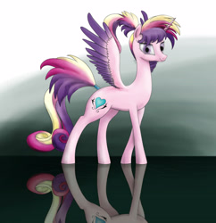 Size: 4156x4288 | Tagged: safe, artist:plotcore, imported from derpibooru, princess cadance, absurd resolution, alternate hairstyle, female, ponytail, reflection, solo, spread wings, tail wrap