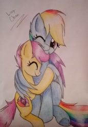 Size: 815x1184 | Tagged: safe, artist:enviaart, artist:envygirl95, imported from derpibooru, rainbow dash, scootaloo, pegasus, pony, sleepless in ponyville, cutie mark, eyes closed, female, filly, foal, hug, mare, one eye closed, scootalove, signature, sitting, the cmc's cutie marks, traditional art, winghug