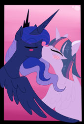 Size: 2045x2991 | Tagged: safe, artist:glacierclear, artist:krazykari, imported from derpibooru, princess luna, twilight sparkle, alicorn, pony, duo, female, kissing, lesbian, mare, shipping, twilight sparkle (alicorn), twiluna