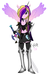 Size: 1995x3079 | Tagged: safe, artist:e-e-r, imported from derpibooru, princess cadance, equestria girls, belly button, cleavage, dark mirror universe, evil cadance, female, midriff, mirror universe, ponied up, simple background, solo, sword, transparent background, vector, weapon