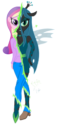 Size: 1457x3220 | Tagged: safe, artist:e-e-r, imported from derpibooru, princess cadance, queen chrysalis, changeling, equestria girls, disguise, disguised changeling, fake cadance, female, heart, looking at you, simple background, solo, transparent background