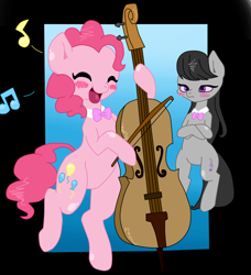 Size: 932x1024 | Tagged: safe, artist:ayahana, artist:krazykari, imported from derpibooru, octavia melody, pinkie pie, abstract background, bipedal, blushing, bowtie, cello, duo, music notes, musical instrument, unamused