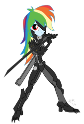 Size: 1341x1986 | Tagged: safe, artist:e-e-r, imported from derpibooru, rainbow dash, cyborg, equestria girls, crossover, female, metal gear, metal gear rising, raiden, simple background, solo, sword, transparent background, weapon