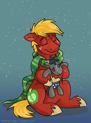 Size: 515x700 | Tagged: safe, artist:spainfischer, imported from derpibooru, big macintosh, smarty pants, earth pony, pony, clothes, eyes closed, male, scarf, sitting, smiling, snow, snowfall, solo, stallion