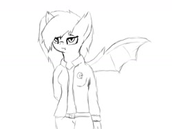 Size: 1600x1200 | Tagged: safe, artist:eclipsepenumbra, imported from derpibooru, oc, oc only, oc:eclipse penumbra, anthro, bat pony, anthro oc, clothes, cutie mark, hair over one eye, hand, looking at you, monochrome, outfit, pants, shirt, sketch, smiling, wings