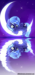 Size: 2000x4200 | Tagged: safe, artist:xwhitedreamsx, imported from derpibooru, princess luna, crescent moon, cute, female, filly, lunabetes, moon, night, prone, reflection, solo, tangible heavenly object, transparent moon, woona