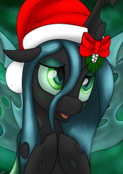 Size: 1360x1920 | Tagged: dead source, safe, artist:conscious-aberration, imported from derpibooru, queen chrysalis, changeling, changeling queen, blushing, christmas, cute, cutealis, female, hat, mistletoe, queen christmas, santa hat, solo