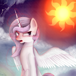 Size: 2048x2048 | Tagged: safe, artist:frozentear7, imported from derpibooru, princess celestia, angry, female, solo, spread wings, sun