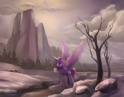 Size: 4400x3458 | Tagged: safe, artist:viwrastupr, imported from derpibooru, princess cadance, female, mountain, river, scenery, snow, solo, spread wings, stream, tree