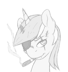 Size: 239x252 | Tagged: dead source, safe, artist:keeponhatin, imported from derpibooru, lyra heartstrings, cigar, eyepatch, female, flockmod, grayscale, metal gear, metal gear solid 5, monochrome, picture for breezies, scar, simple background, smoking, solo, venom snake