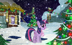 Size: 2048x1280 | Tagged: safe, artist:bymotika, imported from derpibooru, twilight sparkle, alicorn, pony, christmas, christmas lights, christmas tree, cute, female, mare, new year, night, snow, snowfall, solo, tree, twiabetes, twilight sparkle (alicorn)