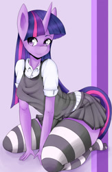 Size: 930x1430 | Tagged: safe, artist:tomoyuuki, imported from derpibooru, twilight sparkle, anthro, plantigrade anthro, unicorn, clothes, female, miniskirt, missing shoes, pleated skirt, shirt, skirt, smiling, socks, solo, striped socks, thigh highs, thighlight sparkle, thunder thighs, vest, zettai ryouiki