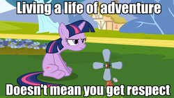 Size: 960x540 | Tagged: safe, imported from derpibooru, screencap, twilight sparkle, pony, unicorn, caption, female, grumpy twilight, image macro, meme, no respect, sitting, solo