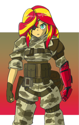 Size: 684x1080 | Tagged: safe, artist:kencaldi, imported from derpibooru, sunset shimmer, equestria girls, camouflage, clothes, crossover, eyepatch, female, fingerless gloves, gloves, mercenary, metal gear, metal gear solid, metal gear solid 5, military, prosthetic limb, solo, venom snake