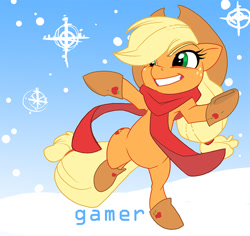 Size: 700x661 | Tagged: safe, artist:thegamercolt, artist:viddi32, imported from derpibooru, applejack, pony, bipedal, boots, clothes, female, scarf, snow, snowfall, solo, winter