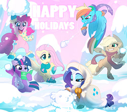 Size: 1000x888 | Tagged: safe, artist:thegamercolt, artist:viddi32, imported from derpibooru, applejack, fluttershy, pinkie pie, rainbow dash, rarity, spike, twilight sparkle, alicorn, earth pony, pegasus, pony, unicorn, bipedal, book, boots, cloak, clothes, cute, female, happy holidays, implied sparity, mane seven, mane six, mare, mittens, scarf, shoes, snow, snow dragon, snowball, snowball fight, snowman, twilight sparkle (alicorn), winter, winter outfit