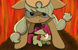 Size: 1024x660 | Tagged: safe, artist:muddy-waters, imported from derpibooru, apple bloom, applejack, pony, big sister instinct, duo, protecting