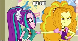 Size: 953x500 | Tagged: safe, imported from derpibooru, screencap, adagio dazzle, aria blaze, equestria girls, rainbow rocks, angry, get out, image macro, meme, scared