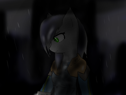 Size: 1600x1200 | Tagged: safe, artist:eclipsepenumbra, imported from derpibooru, oc, oc only, oc:eclipse penumbra, bat pony, pony, fallout equestria, bulletproof vest, clothes, dark, female, green eyes, hair over one eye, numbers, rain, wet mane