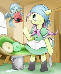Size: 1024x1251 | Tagged: safe, artist:skippy_the_moon, imported from derpibooru, fluttershy, bird, pony, bipedal, clothes, dress, pail, rag, spill, water