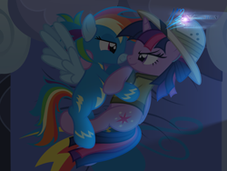 Size: 8000x6000 | Tagged: safe, artist:nightmaremoons, imported from derpibooru, daring do, rainbow dash, twilight sparkle, alicorn, pegasus, pony, absurd resolution, alternate hairstyle, bed, bedroom eyes, boop, clothes, cosplay, costume, female, lesbian, looking at each other, mare, night, noseboop, on side, roleplaying, shipping, show accurate, side, snuggling, twidash, twilight sparkle (alicorn), wingboner, wonderbolts uniform
