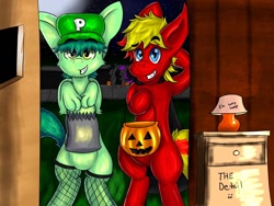 Size: 1024x768 | Tagged: safe, imported from derpibooru, oc, oc only, oc:flick, oc:pouncer, oc:scoots, oc:web tracer, bipedal, cape, clothes, costume, grin, halloween, head scratch, jack-o-lantern, pumpkin bucket, smiling, stockings, trick or treat