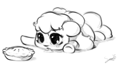 Size: 1024x567 | Tagged: safe, artist:sverre93, imported from derpibooru, apple bloom, earth pony, pony, adorabloom, apple pie, chibi, cute, drool, female, filly, foal, food, monochrome, pie, sketch, solo, sverre is trying to murder us