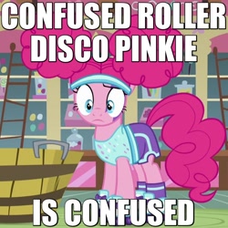 Size: 640x640 | Tagged: safe, edit, edited screencap, imported from derpibooru, screencap, pinkie pie, earth pony, pony, scare master, season 5, 70s, alternate hairstyle, caption, clothes, confused, costume, female, headband, image macro, meme, nightmare night, pinkie puffs, reaction image, roller skates, shorts, skates, socks, solo, sugarcube corner