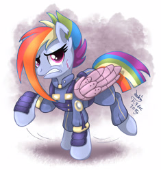 Size: 1970x2100 | Tagged: safe, artist:joakaha, imported from derpibooru, rainbow dash, pony, the cutie re-mark, alternate timeline, apocalypse dash, crystal war timeline, female, prosthetics, raised hoof, solo, torn ear