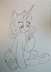 Size: 2850x4053 | Tagged: safe, artist:scribblepwn3, imported from derpibooru, oc, oc only, oc:sunset glow, pony, unicorn, candle, crying, monochrome, pen drawing, solo, traditional art