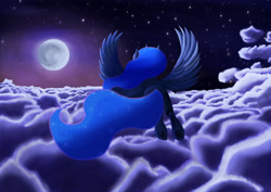 Size: 3024x2138 | Tagged: safe, artist:kickassking, imported from derpibooru, princess luna, alicorn, pony, cloud, female, flight, flying, moon, night, painting, solo