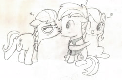 Size: 2414x1584 | Tagged: safe, artist:chronicle23, imported from derpibooru, diamond tiara, silver spoon, strike, earth pony, pony, colt, female, filly, foal, heart, hug, kissing, male, monochrome, pencil drawing, shipper on deck, shipping, silverstrike, straight, traditional art, trio