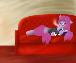 Size: 1200x1000 | Tagged: safe, artist:hewhoerasesmost, imported from derpibooru, pinkie pie, book, cigarette, clothes, couch, female, glasses, looking at you, lying, pinkamena diane pie, smoking, solo