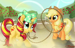 Size: 1400x900 | Tagged: safe, artist:sunsetcrady, imported from derpibooru, applejack, sunset shimmer, earth pony, pony, unicorn, appleshimmer, clothes, cute, female, headpiece, jackabetes, lesbian, rodeo, rope, shimmerbetes, shipping, veil