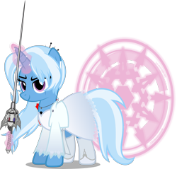 Size: 7835x7501 | Tagged: safe, artist:zacatron94, imported from derpibooru, trixie, pony, unicorn, absurd resolution, clothes, cosplay, costume, female, glowing horn, halloween, holiday, magic, magic circle, mare, myrtenaster, nightmare night, nightmare night costume, rapier, rwby, scar, simple background, solo, sword, telekinesis, transparent background, vector, weapon, weiss schnee