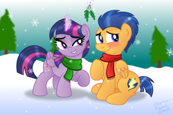 Size: 3000x2000 | Tagged: safe, artist:aleximusprime, imported from derpibooru, flash sentry, twilight sparkle, alicorn, pony, blushing, clothes, female, flashlight, male, mare, mistletoe, scarf, shipping, snow, snowfall, straight, twilight sparkle (alicorn), winter