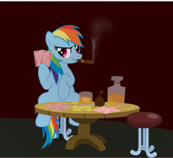 Size: 1987x1824 | Tagged: safe, artist:selecteddash, imported from derpibooru, rainbow dash, pegasus, pony, alcohol, bag, bits, bottle, card, chair, cigar, female, food, glass, ice, ice cube, mare, poker, sitting, smoking, solo, table, whiskey