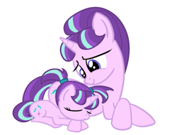 Size: 725x555 | Tagged: safe, artist:paking pie, imported from derpibooru, starlight glimmer, pony, unicorn, the cutie re-mark, adopted offspring, cute, daaaaaaaaaaaw, double the glimmer, eyes closed, female, filly, filly starlight glimmer, glimmerbetes, glimmerdoption, looking down, lying down, mama starlight, mare, parent:starlight glimmer, self ponidox, simple background, sleeping, vector, white background, younger