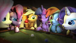 Size: 1920x1080 | Tagged: safe, artist:jack27121, imported from derpibooru, applejack, fluttershy, pinkie pie, rainbow dash, rarity, twilight sparkle, alicorn, pony, 3d, billiards, female, mane six, mare, pool table, source filmmaker, twilight sparkle (alicorn)