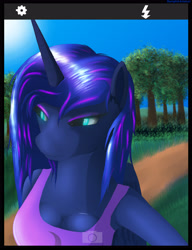 Size: 2796x3636 | Tagged: safe, artist:bluenight01, imported from derpibooru, princess luna, anthro, cleavage, clothes, female, selfie, solo, tanktop, tree