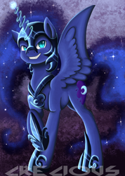 Size: 528x742 | Tagged: safe, artist:crecious, imported from derpibooru, nightmare moon, female, grin, magic, solo, spread wings