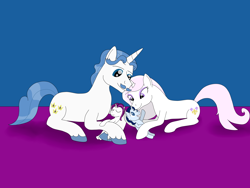 Size: 3328x2496 | Tagged: safe, artist:allonsbro, imported from derpibooru, fancypants, fleur-de-lis, glory, oc, oc:glory, oc:valor, unicorn, bedroom eyes, eyes closed, fancyfleur, female, hug, male, next generation, nuzzling, offspring, open mouth, parent:fancypants, parent:fleur-de-lis, parents:fancyfleur, prone, shipping, sleeping, smiling, straight