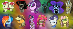 Size: 6256x2500 | Tagged: safe, artist:lrusu, imported from derpibooru, applejack, discord, flam, flim, fluttershy, king sombra, nightmare moon, pinkie pie, queen chrysalis, rainbow dash, rarity, spike, starlight glimmer, twilight sparkle, alicorn, changeling, changeling queen, draconequus, dragon, earth pony, pegasus, pony, unicorn, the cutie re-mark, absurd resolution, alternate timeline, apocalypse dash, applecalypsejack, chaotic timeline, chrysalis resistance timeline, crystal war timeline, female, flim flam brothers, flim flam industry timeline, mane seven, mane six, mare, night maid rarity, nightmare takeover timeline, torn ear, tribal pie, tribalshy, twilight sparkle (alicorn)