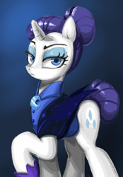 Size: 558x800 | Tagged: safe, artist:miracle32, imported from derpibooru, rarity, pony, unicorn, the cutie re-mark, alternate timeline, bun, clothes, female, mare, night maid rarity, nightmare takeover timeline, raised hoof, solo