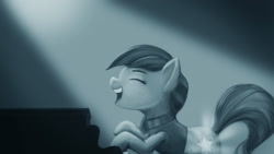 Size: 2560x1440 | Tagged: safe, artist:starblaze25, imported from derpibooru, coloratura, eyes closed, female, monochrome, musical instrument, piano, rara, singing, solo, spotlight