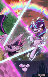 Size: 1200x1920 | Tagged: safe, artist:yajima, imported from derpibooru, starlight glimmer, twilight sparkle, alicorn, pony, the cutie re-mark, female, glowing horn, levitation, magic, mare, mare in the moon, moon, self-levitation, telekinesis, twilight sparkle (alicorn)