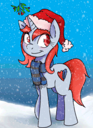 Size: 800x1100 | Tagged: safe, artist:monanniverse, derpibooru exclusive, imported from derpibooru, oc, oc only, oc:mona, pony, unicorn, animated, blushing, christmas, clothes, cute, female, hat, holly, holly mistaken for mistletoe, looking back, mare, mistleholly, raised hoof, santa hat, scarf, smiling, snow, snowfall, solo